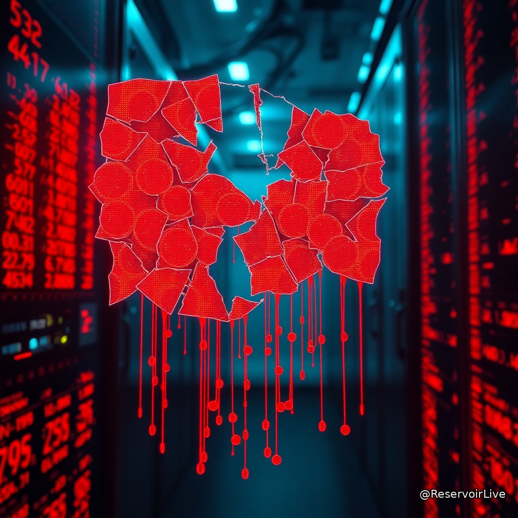 Illustration de la plateforme Ostium affectée par une attaque oracle, avec symboles de sécurité compromise et données de prix manipulées