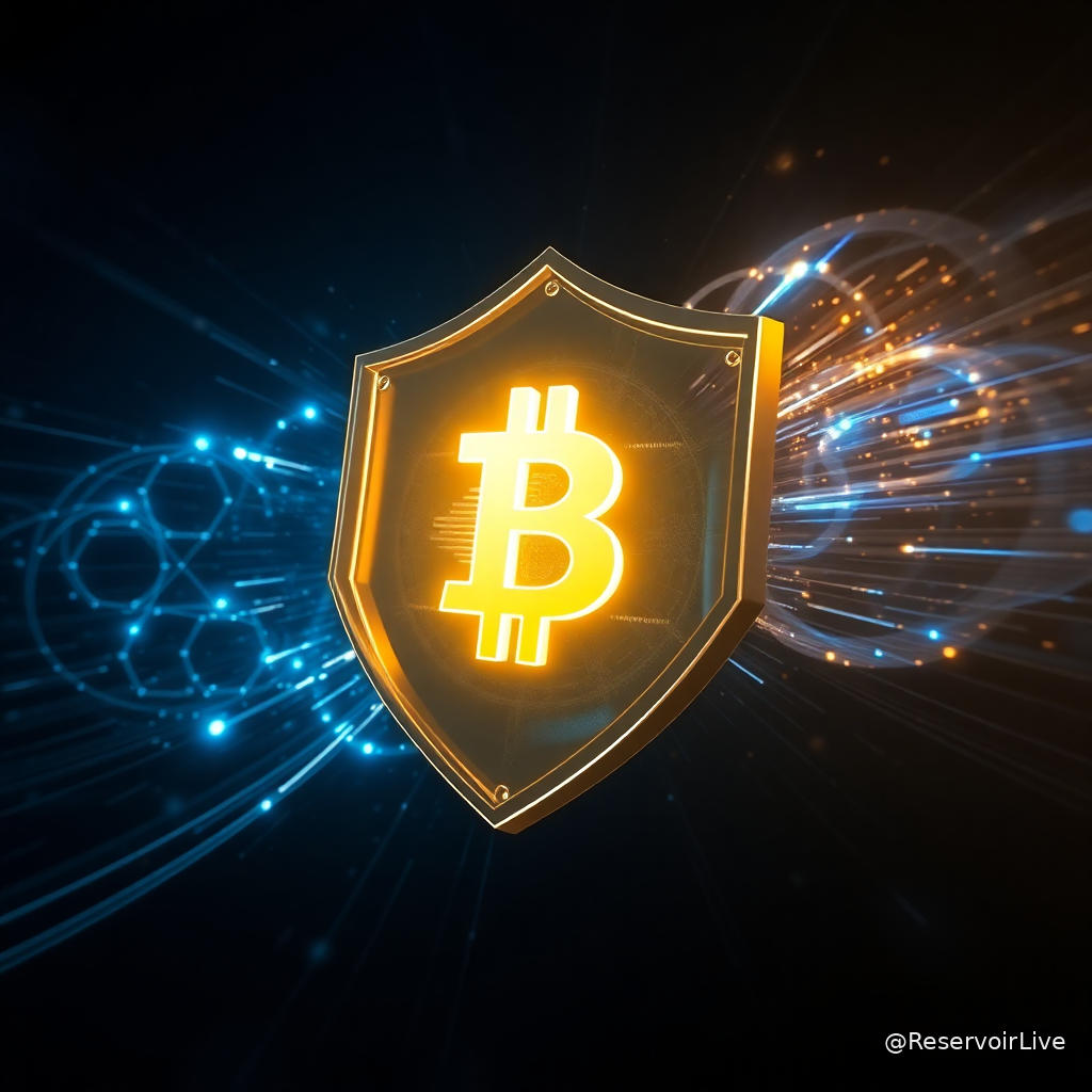 Illustration représentant la défense quantique de Bitcoin avec les logos de BlackRock, Coinbase et Strategy