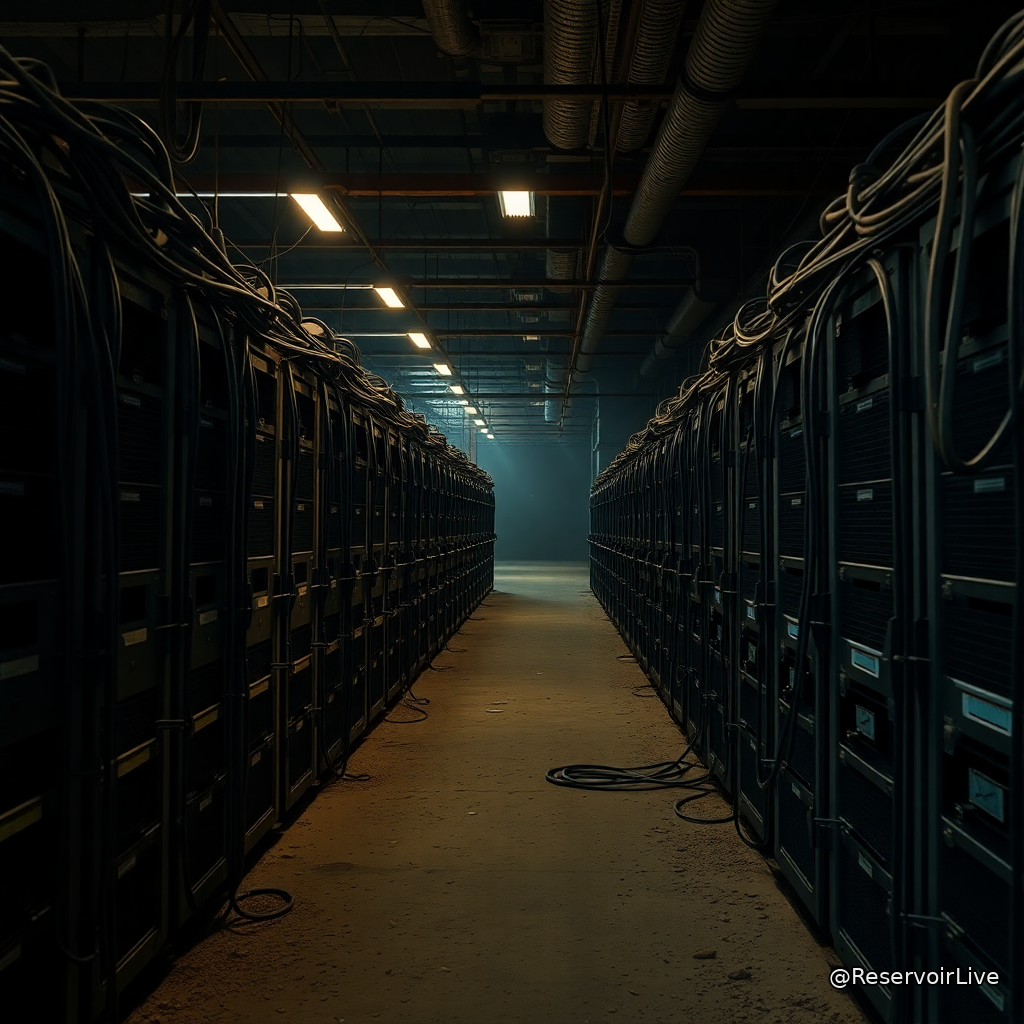 Illustration symbolique de la faillite de Poolin avec machines ASIC et courbe baissière du Bitcoin
