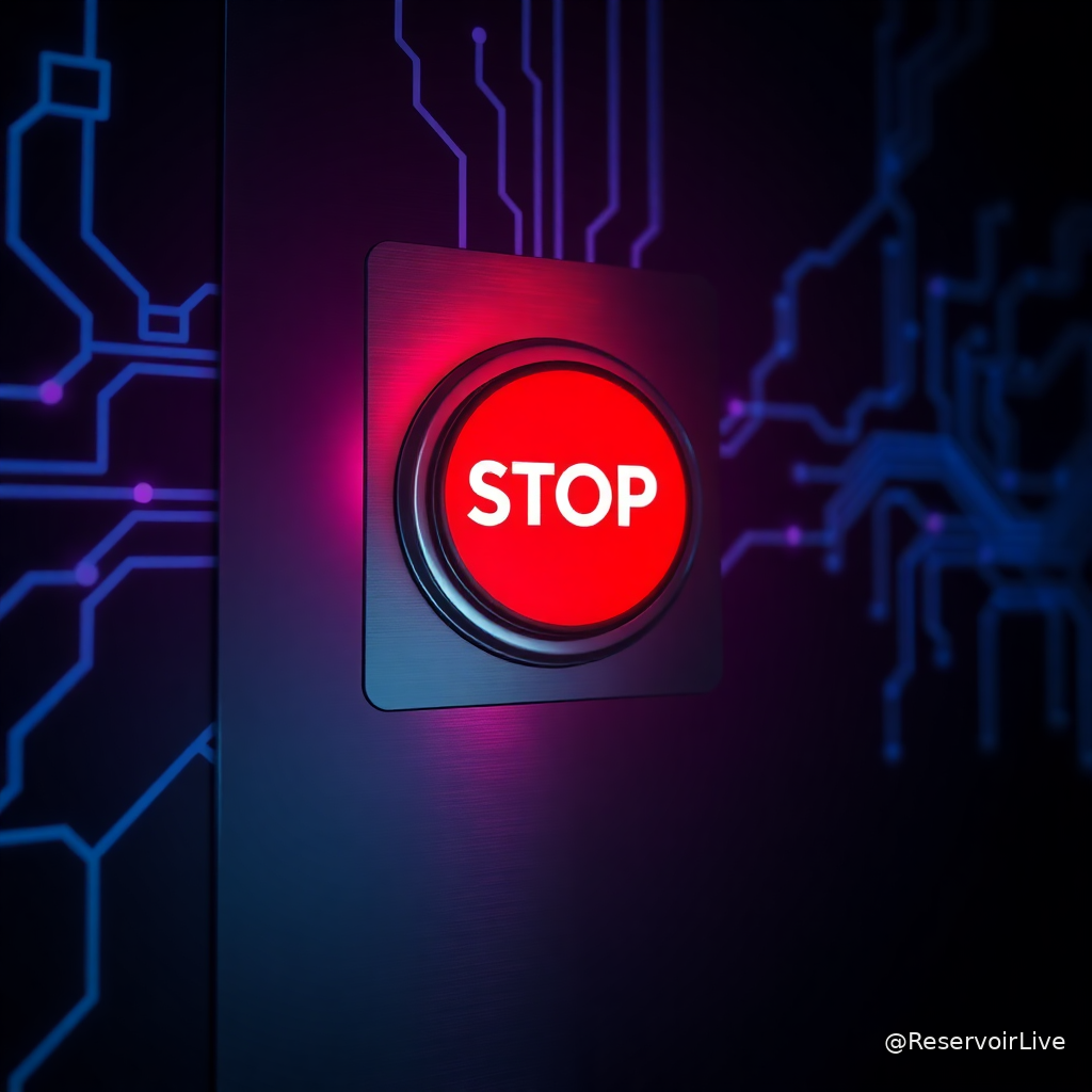 Illustration symbolique d'un bouton d'arrêt d'urgence (kill switch) appliqué aux modèles d'intelligence artificielle de pointe