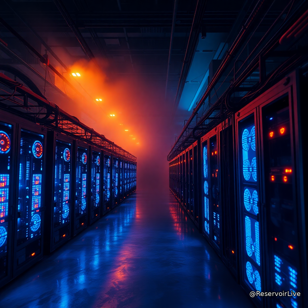 Illustration d'une ferme de minage de cryptomonnaies avec serveurs et infrastructure énergétique