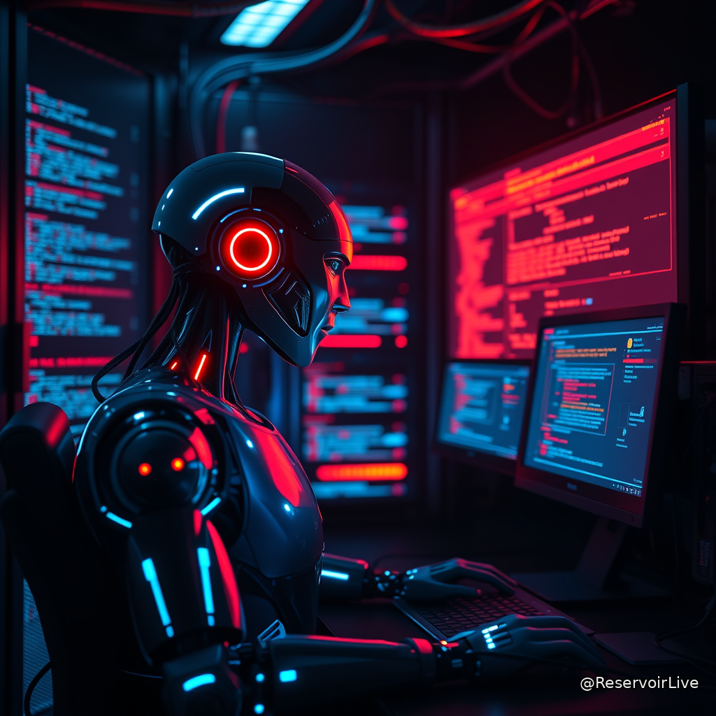 Illustration conceptuelle montrant un modèle d'IA pénétrant des systèmes informatiques, symbolisant le piratage autonome et le reward hacking