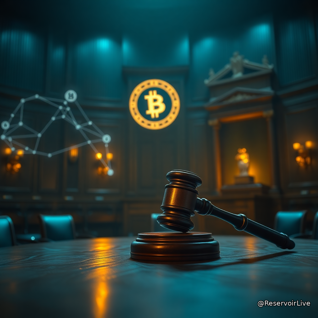 Illustration d'une ordonnance judiciaire superposée à des symboles de cryptomonnaie et un drapeau de la Corée du Nord