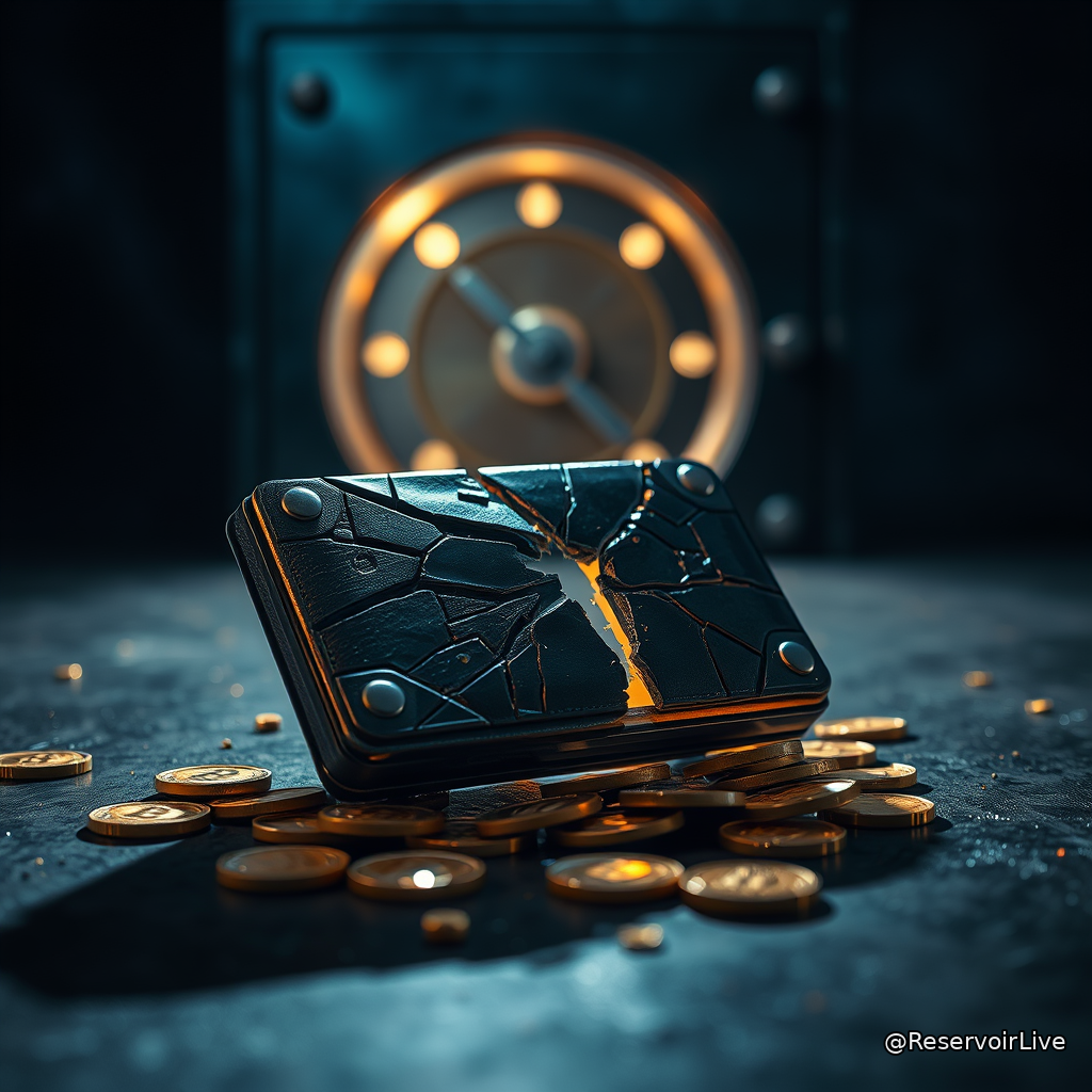 Représentation schématique d'un portefeuille Coldcard avec symboles de sécurité et mouvements de Bitcoin