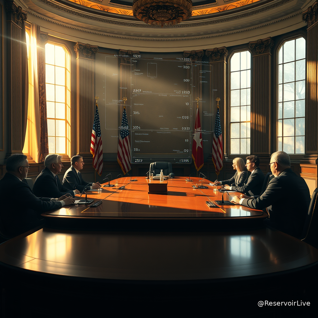 Représentation symbolique d'une réunion politique à la Maison Blanche avec des éléments évoquant la cryptomonnaie et la régulation