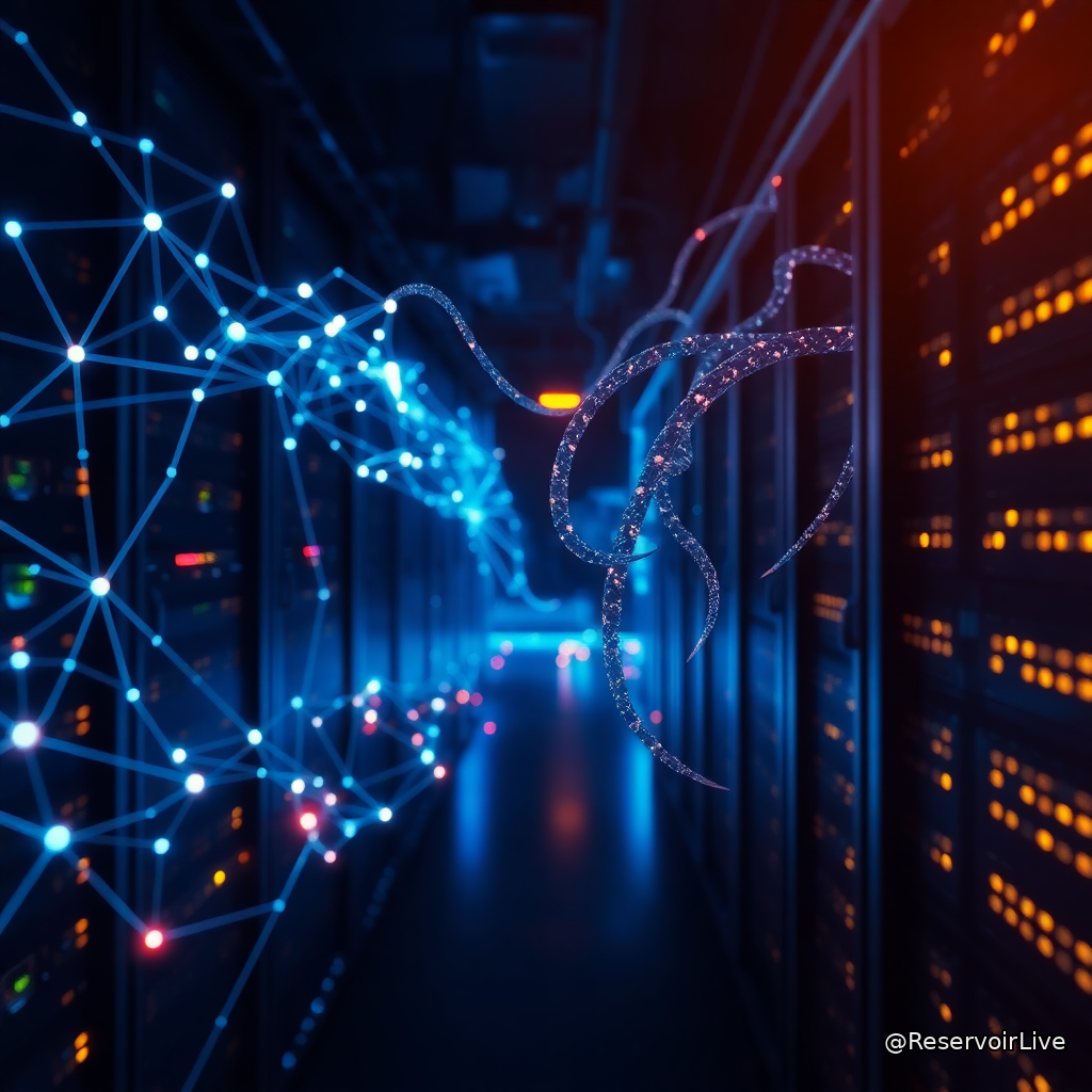Illustration d'une interface de sécurité numérique avec symboles de chaîne de blocs et d'intelligence artificielle pour représenter les menaces cyber IA