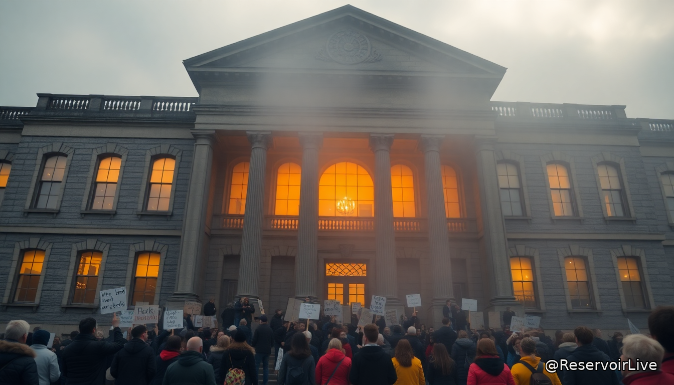 Palais de justice en Écosse avec rassemblement de développeurs devant l'entrée lors de l'audience Rockstar