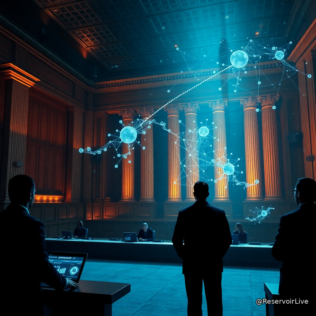 Illustration conceptuelle montrant des symboles de régulation financière et une blockchain avec une mise en garde, symbolisant l'alerte de l'ESMA sur les marchés de prédiction décentralisés